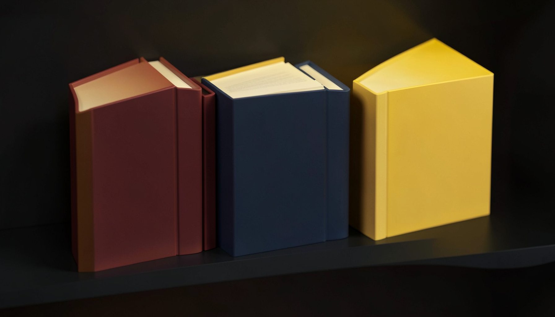 An isometric 3D render of five book covers displayed on a dark shelf, spines in varied muted tones of burgundy, navy, and gold.