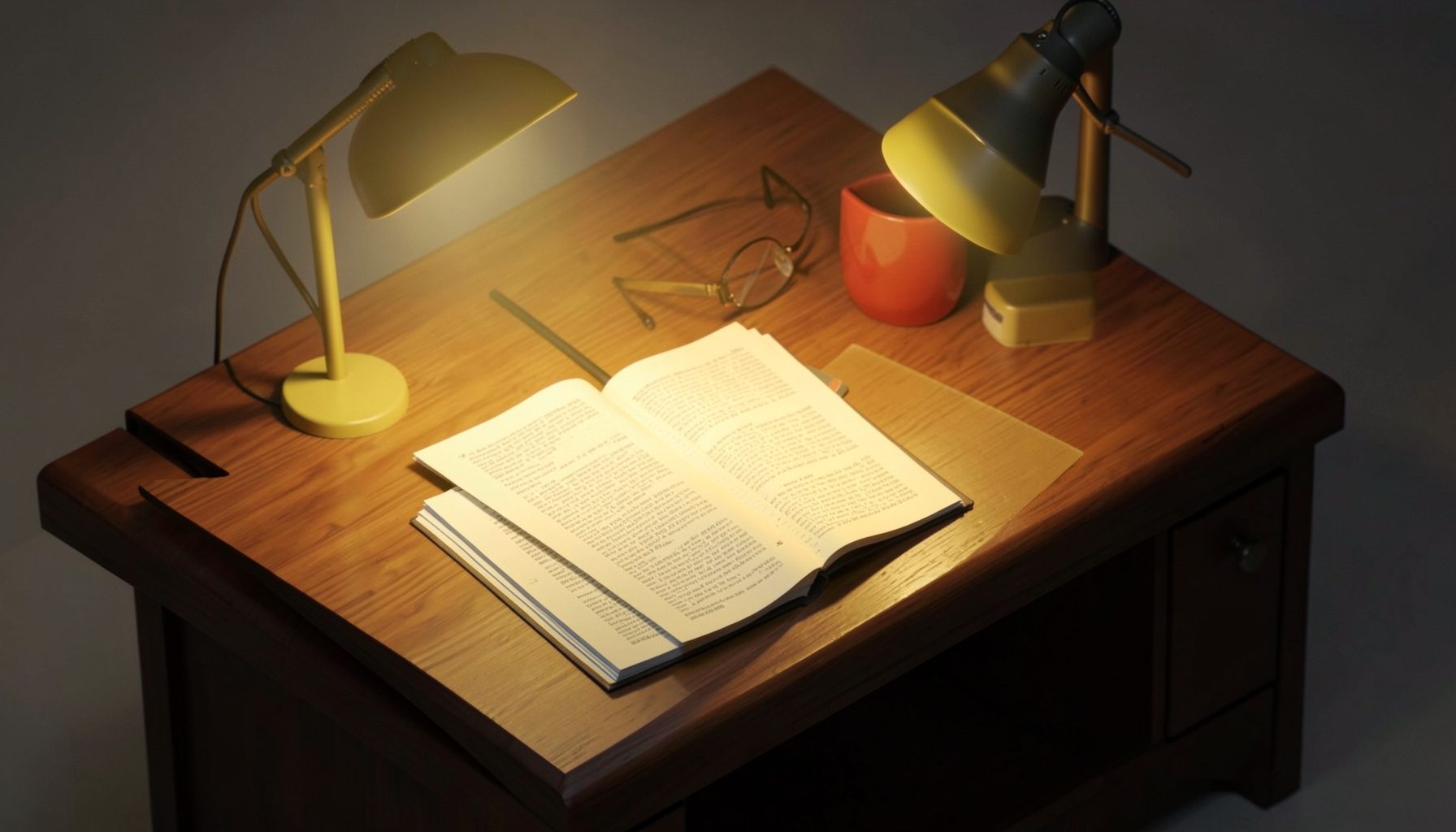 An isometric 3D render of a small publishing office desk with manuscript pages fanned out, a red coffee mug, and reading glasses.
