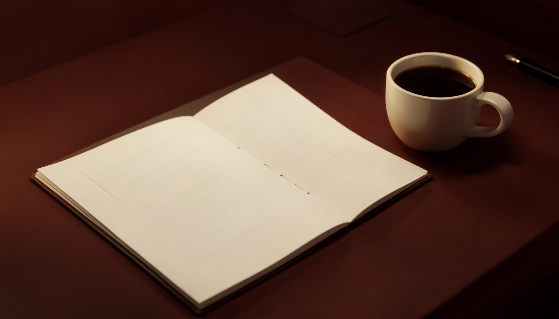 Warmly lit desk with an open notebook, a fountain pen, and a cup of coffee, evoking a quiet writing and editorial workspace