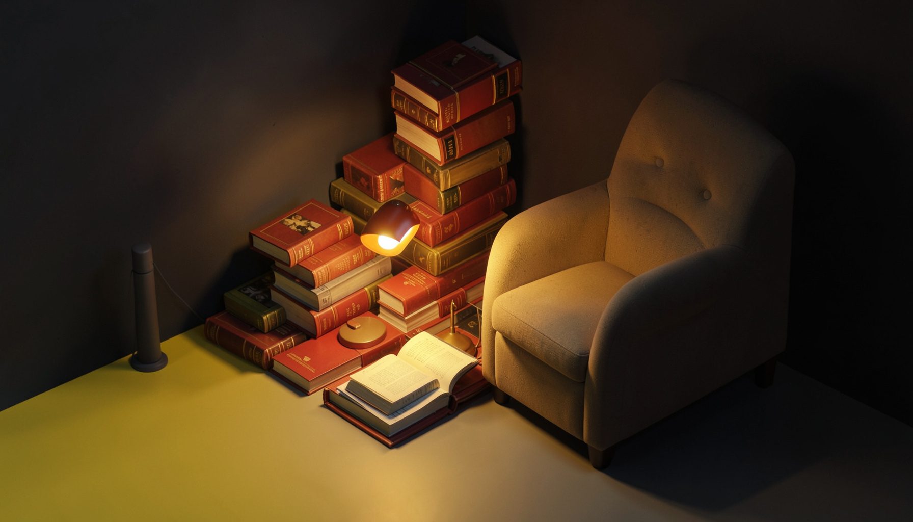 A warm, atmospheric isometric 3D render of a cozy reading nook with stacked hardcover books in rich reds and golds, a glowing lamp, and deep navy shadows.