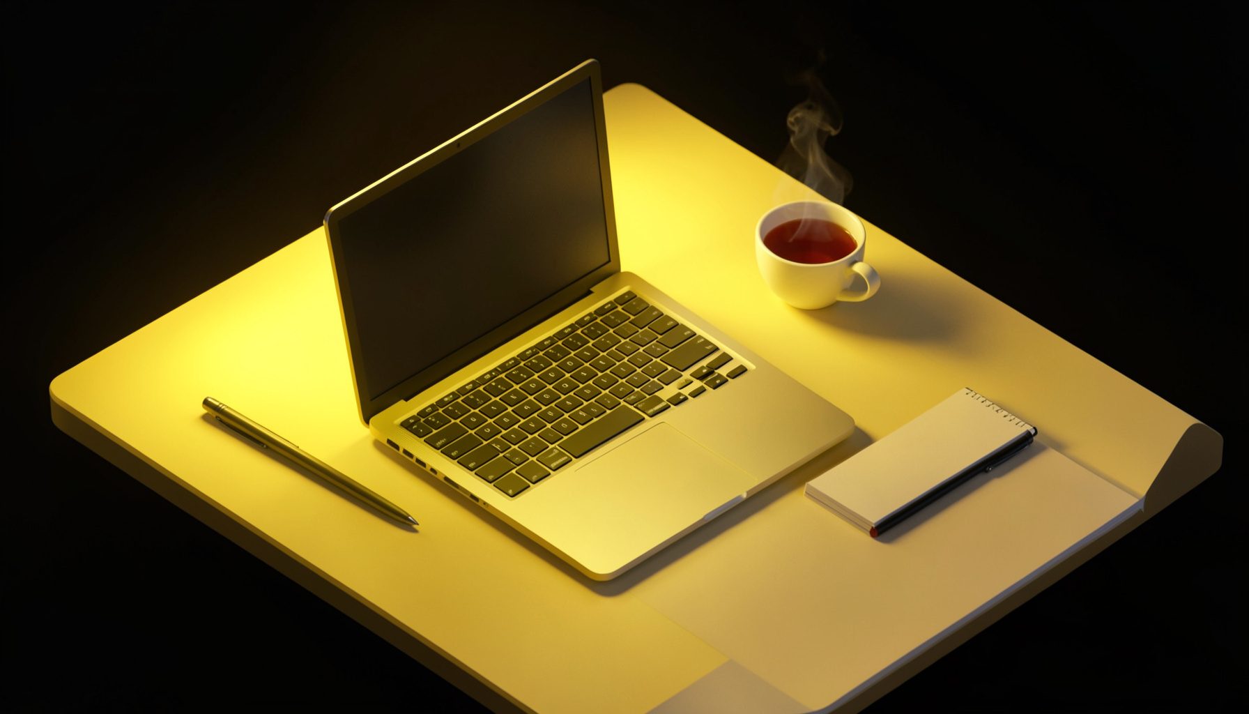 An isometric 3D render of a laptop open on a clean desk with a notebook and pen beside it, a steaming cup of tea, and warm light.