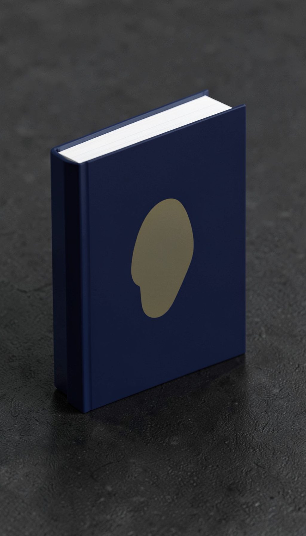 Isometric 3D render of a paperback novel standing upright, its cover in deep navy blue with a subtle spoon-shaped silver motif