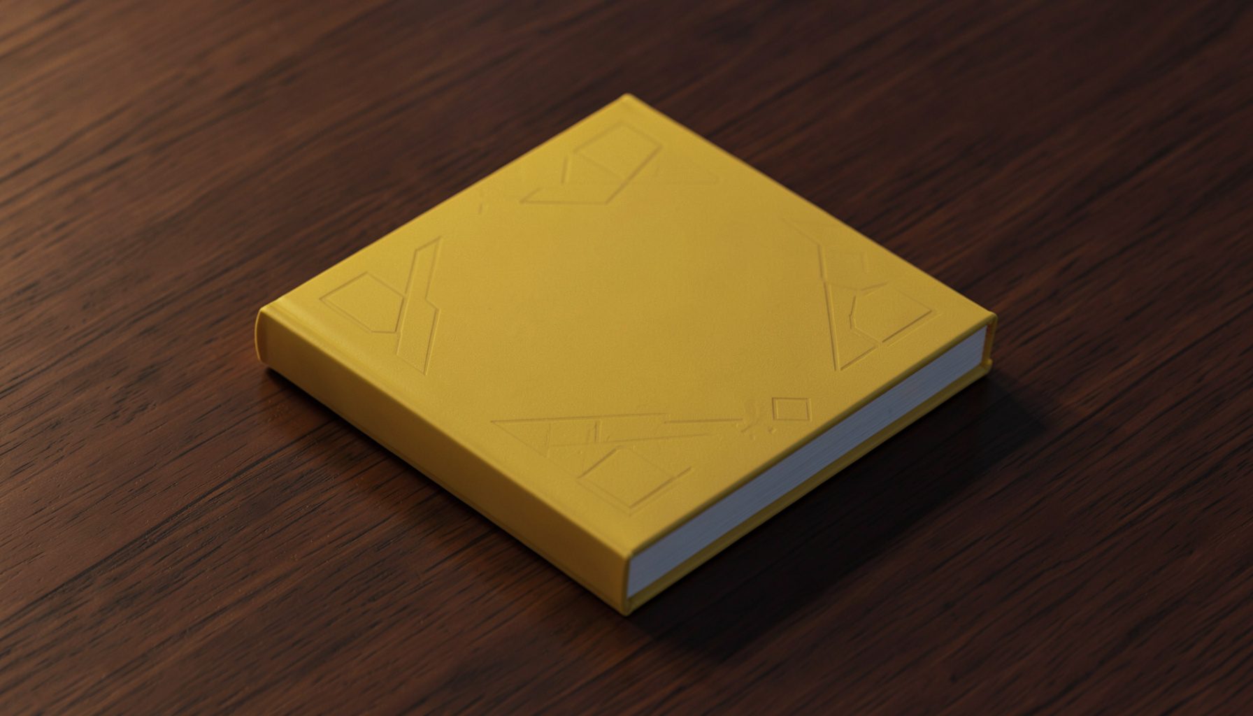 A small hardback book resting on a dark wooden surface, its cover a muted mustard yellow lit warmly from one side, calm and literary in mood