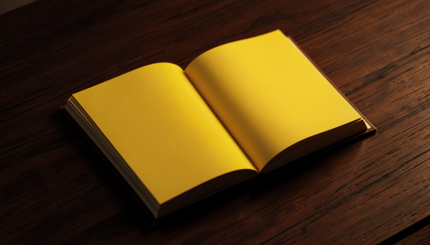 An open book resting on a dark wooden surface, pages softly lit by warm amber light, with deep shadows pooling around the edges, creating a quiet, reflective mood