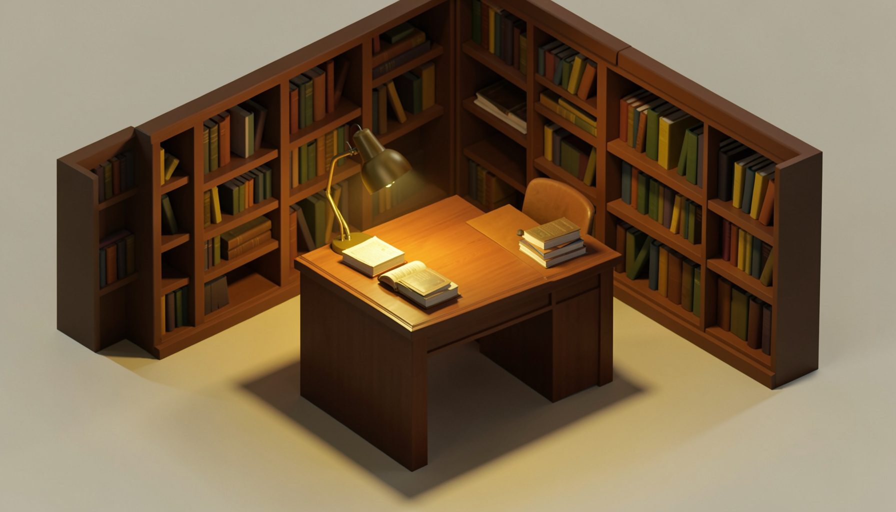 An isometric 3D render of a quiet study with a wooden desk, stacked manuscripts, a warm desk lamp casting golden light, and deep amber shadows pooling around the room.
