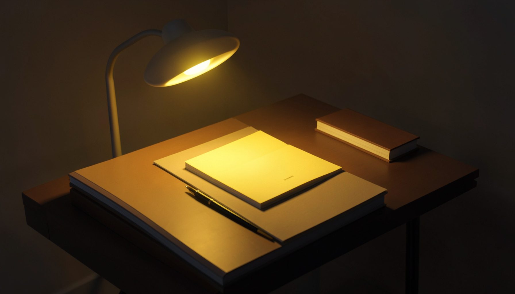 A warmly lit desk with a stack of manuscripts, a pen, and a glowing lamp, evoking a quiet editorial workspace in deep amber tones