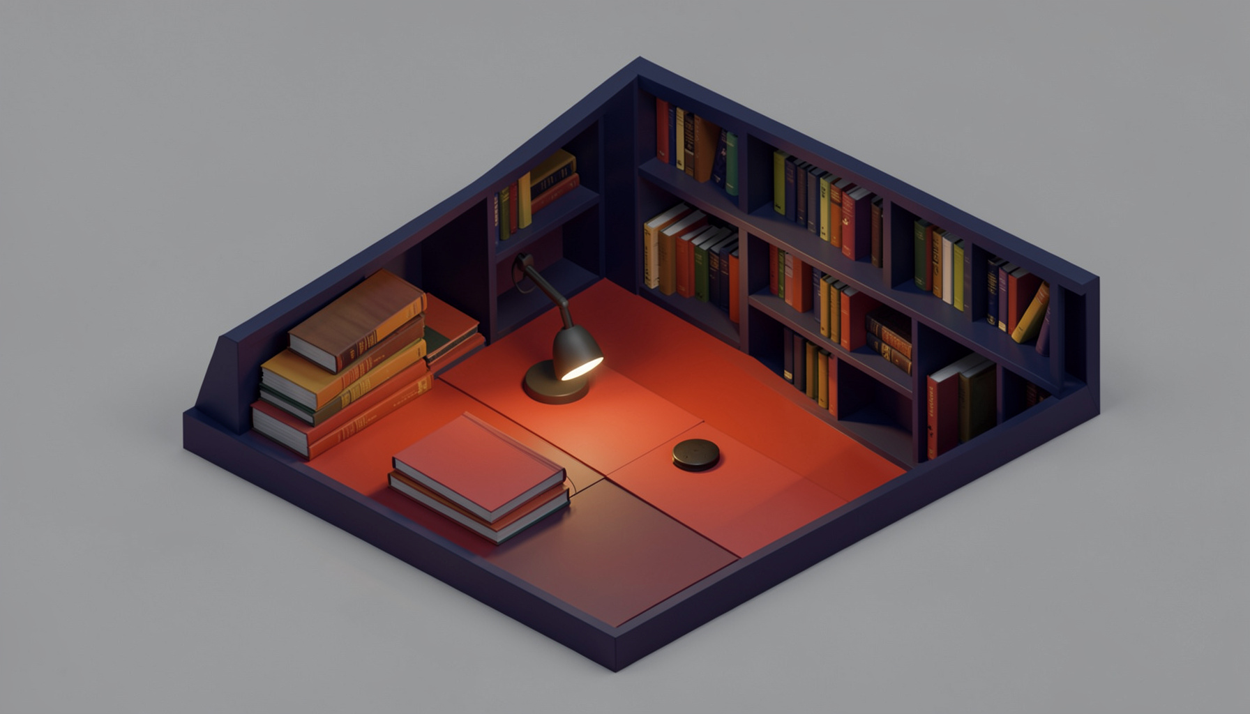Isometric 3D render of a quiet editorial workspace with stacked manuscripts, a warm desk lamp, and bookshelves in deep navy and amber tones