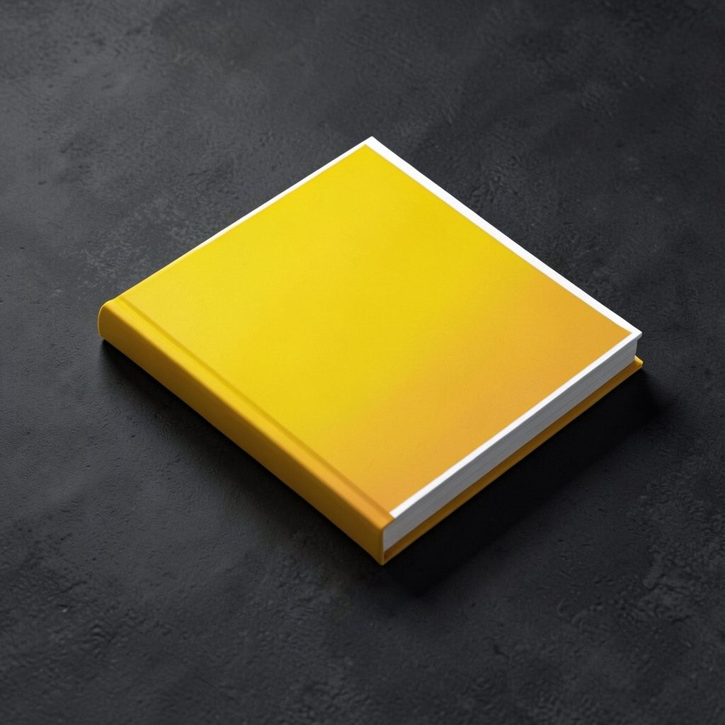 Isometric 3D render of a paperback with a crisp white and amber cover design, resting flat on a dark textured surface