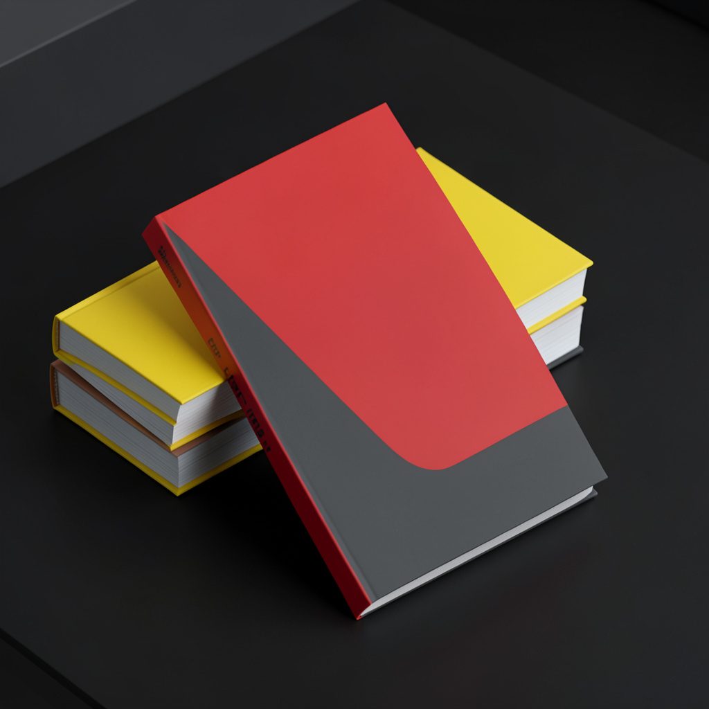 Isometric 3D render of a paperback with a bold red and charcoal cover design, leaning against a stack of books on a dark surface