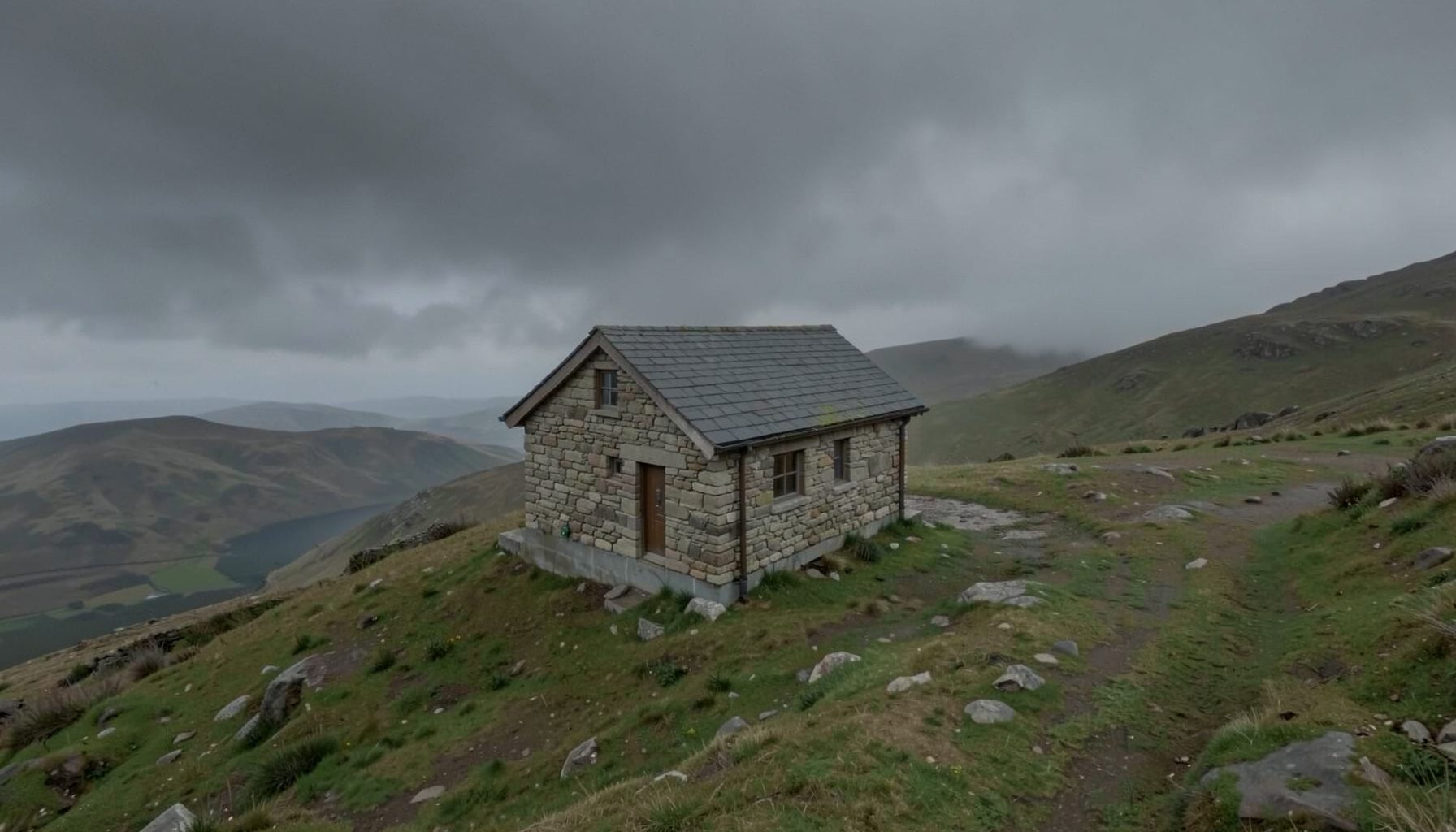A solitary stone cottage on a windswept hillside under a heavy grey sky, muted greens and browns dominating the landscape