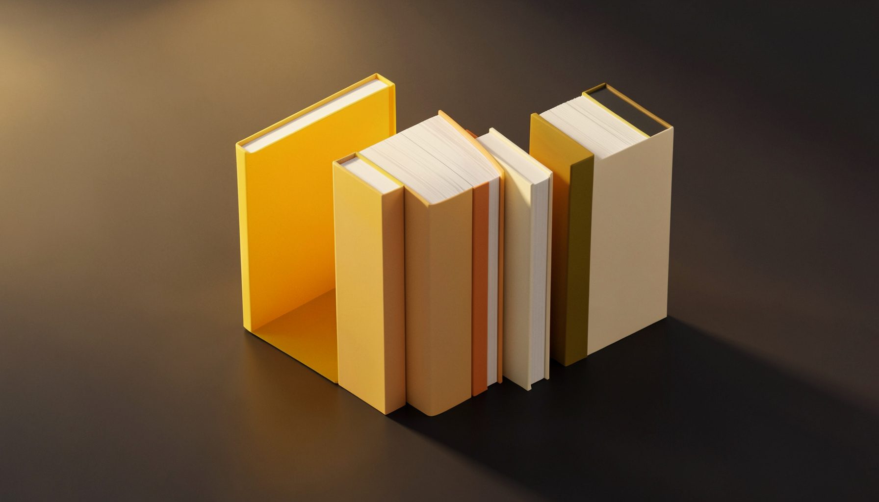 Isometric 3D render of five hardcover books standing upright on a dark surface, their spines facing outward in warm amber and deep navy tones