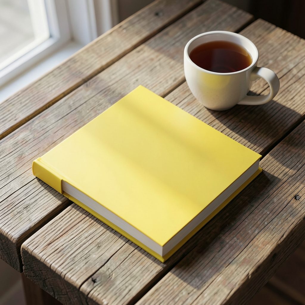 A paperback novel resting on a weathered wooden table beside a half-empty cup of tea, soft window light falling across the scene