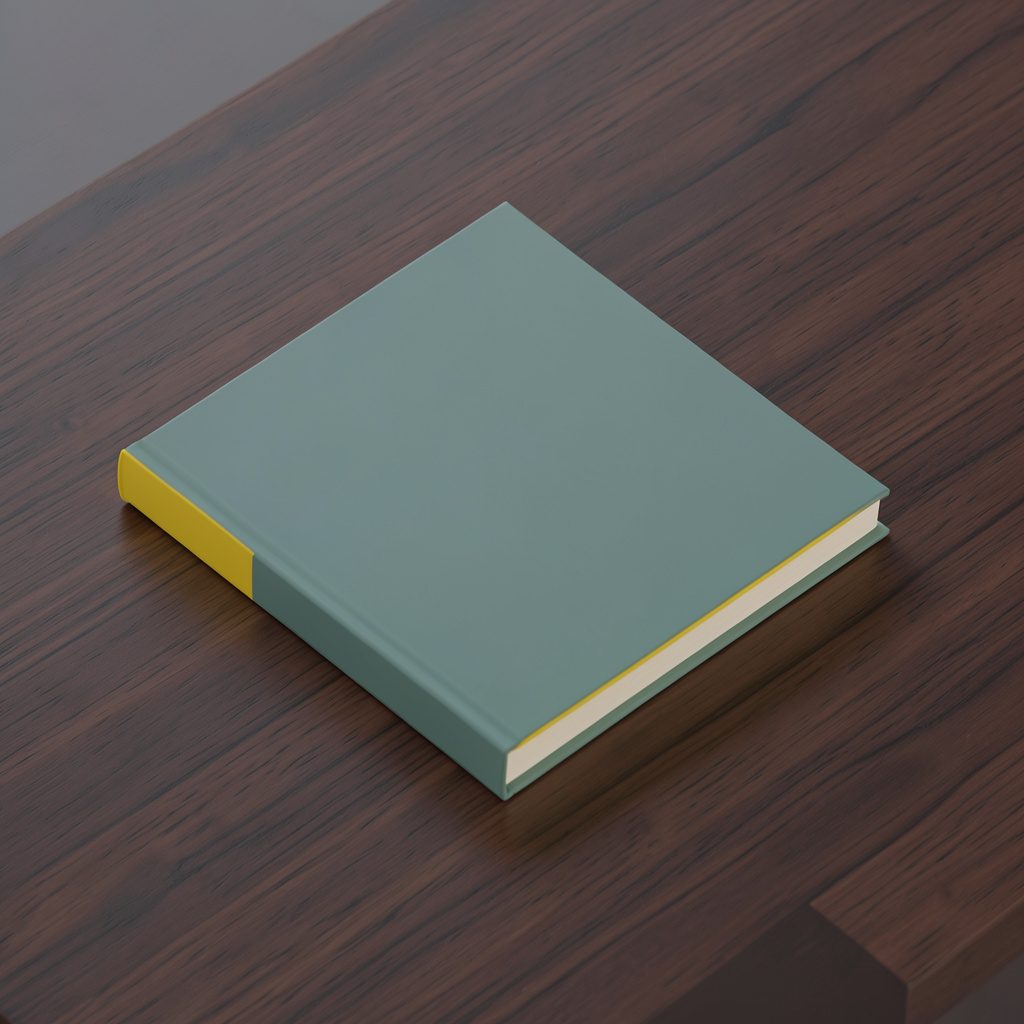 Isometric 3D render of a single slim paperback resting on a dark wooden surface, its cover in muted teal and cream tones