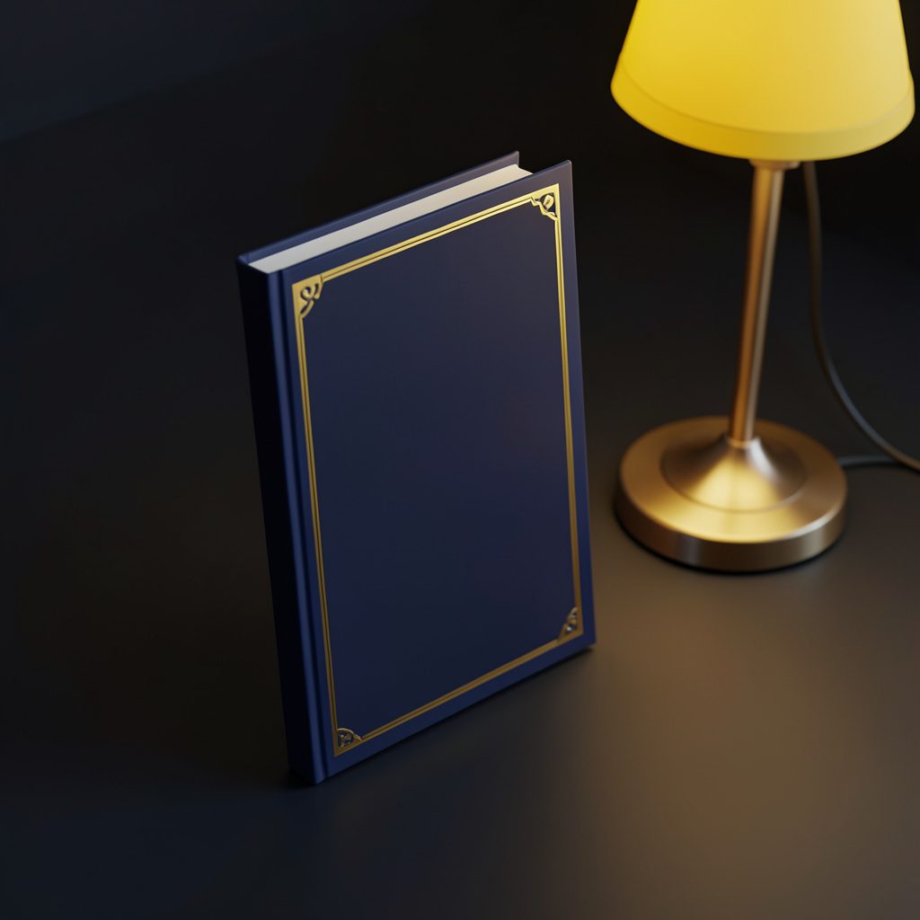 Isometric 3D render of a paperback with a deep navy and gold cover, standing upright beside a warm reading lamp on a dark surface